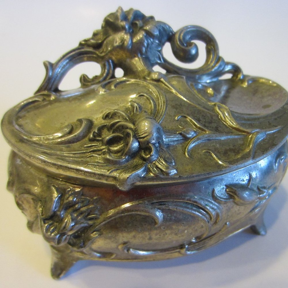 Empress Silver Art Deco Metal Footed Jewelry Box Floral Design